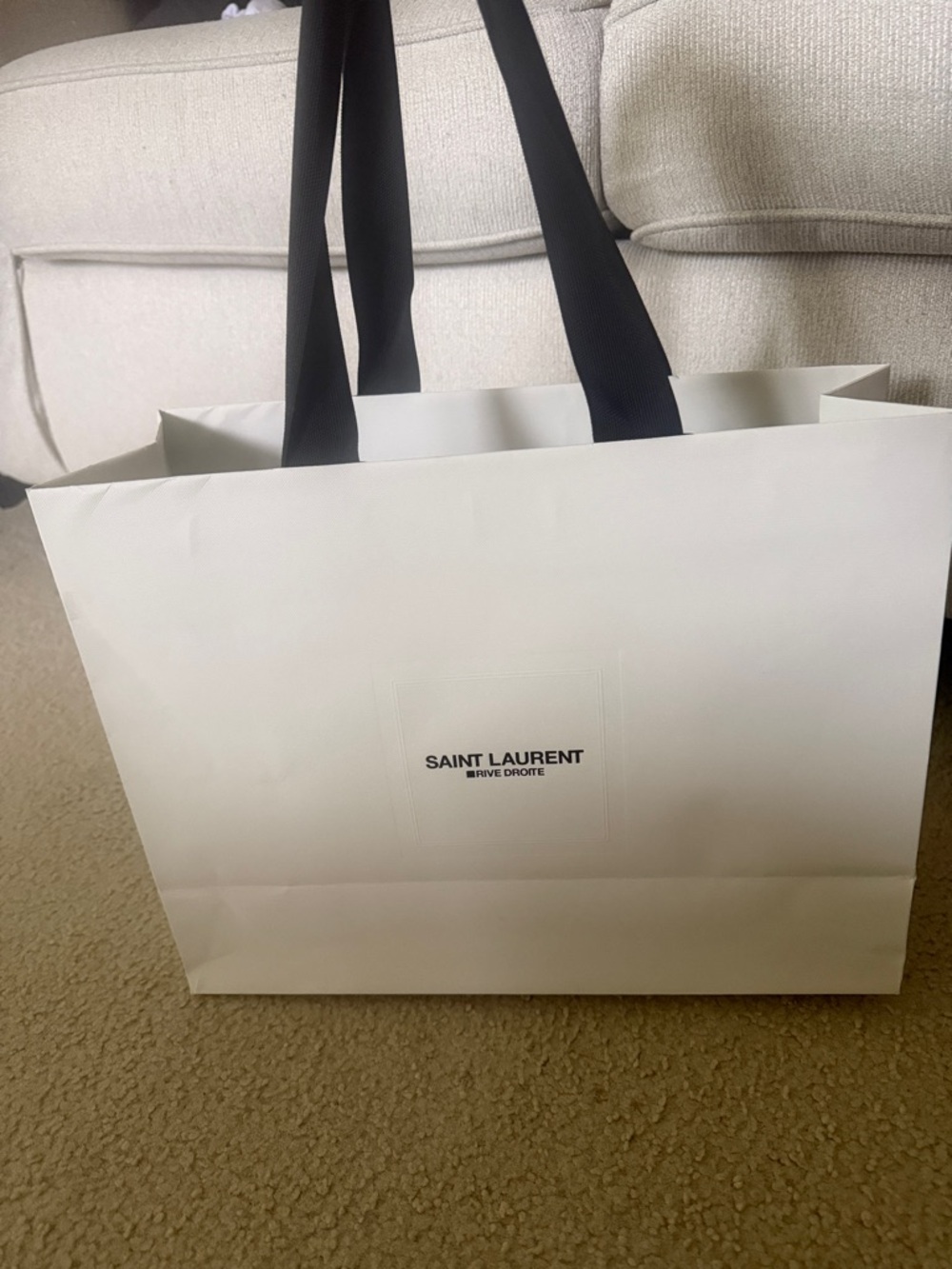 Saint Laurent White Retail Tote with Black Ribbon Handles paper bag
